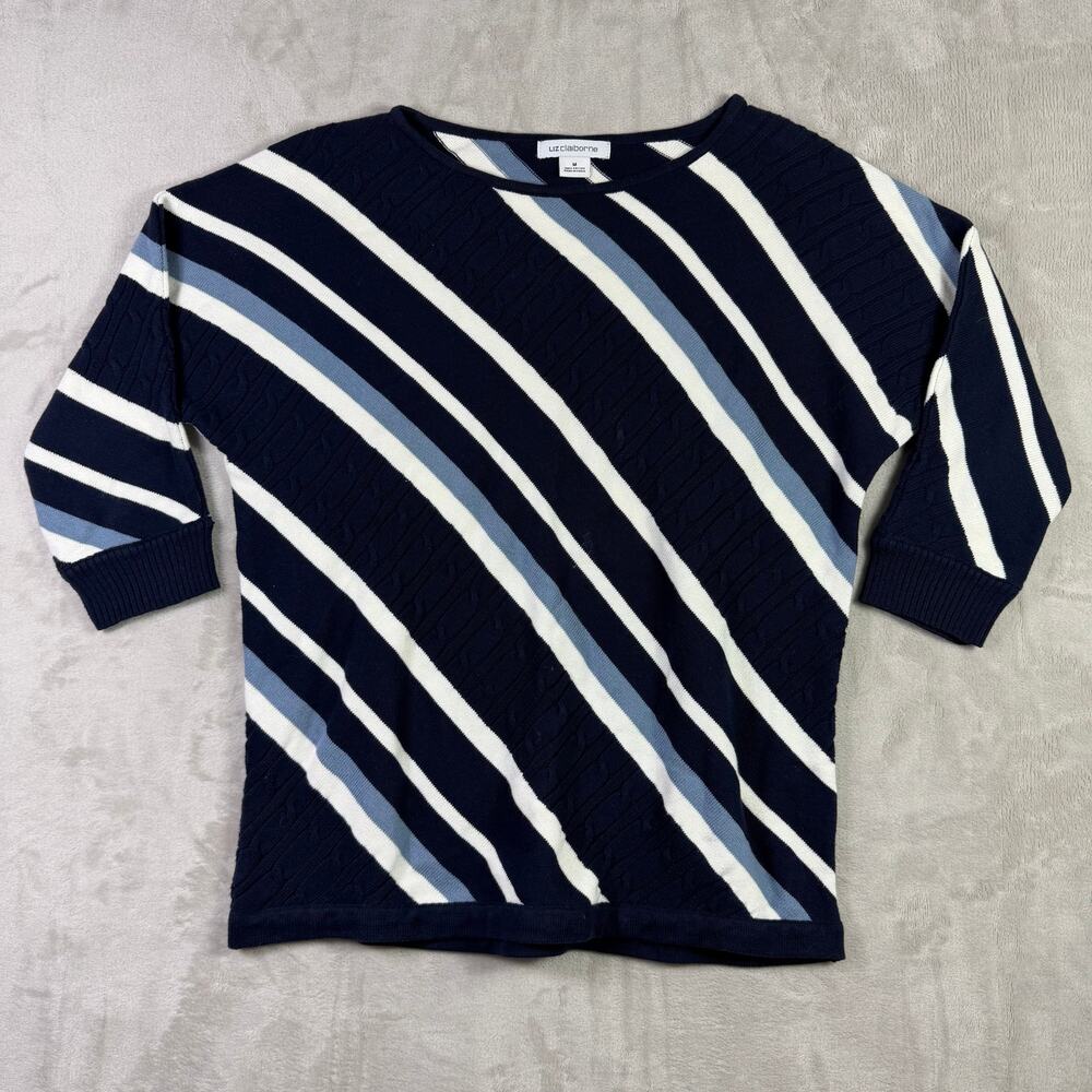 Liz Claiborne Women's Striped Cable Knit Sweater Top Navy Blue White Size M